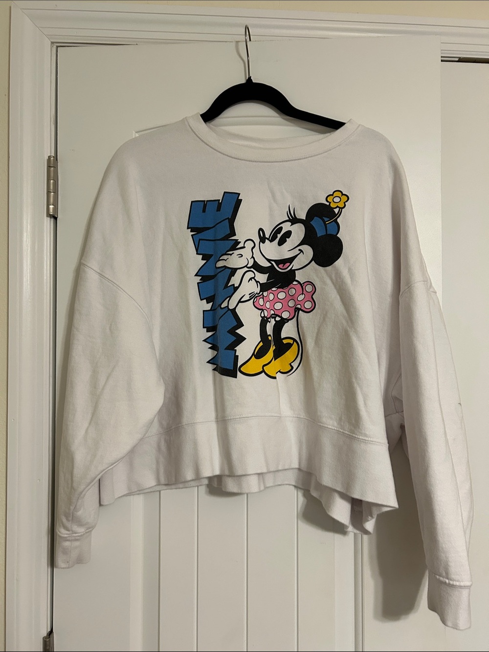 Disney White Cropped Minnie Mouse Sweatshirt with Pink, Blue & Yellow Accents